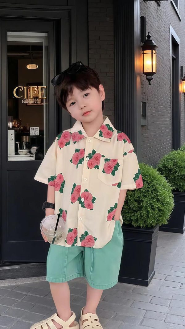 男童衬衣夏装小童短袖痞帅玫瑰花夏季港风男孩海边度假儿童服装