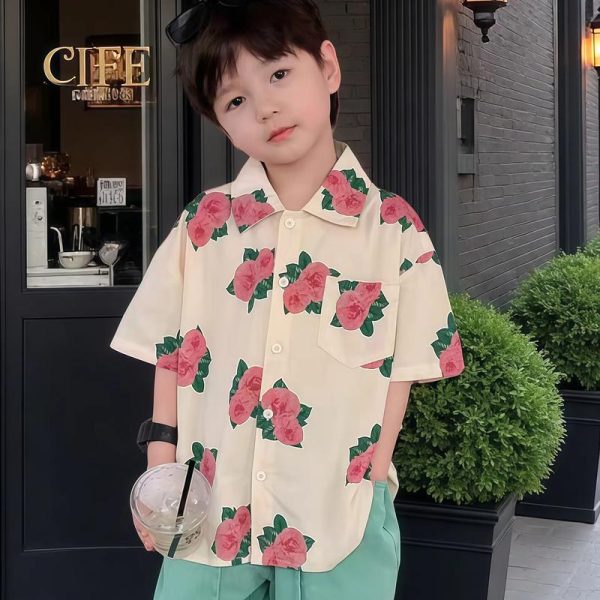 男童衬衣夏装小童短袖痞帅玫瑰花夏季港风男孩海边度假儿童服装
